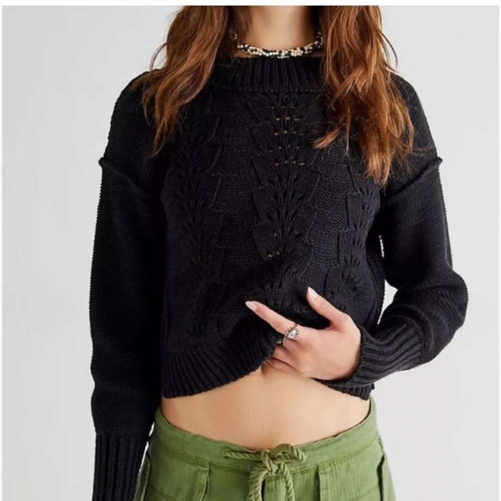 Free People Bell Song Pullover Sweater Womens M Black Mock Neck Open Knit